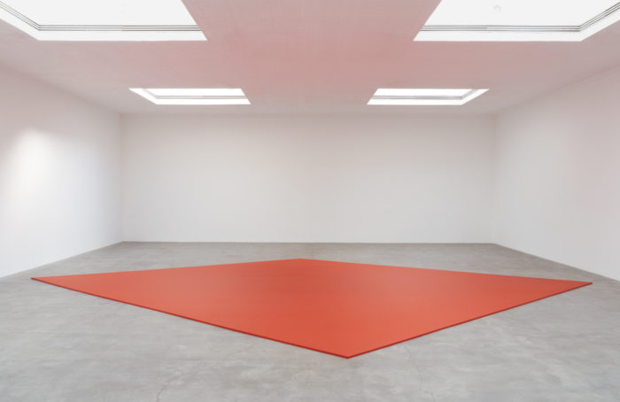 Ellsworth Kelly, Red Floor Panel, 1992, Acrylic on canvas on wood, 1 × 316½ × 478¾ inches; 3 × 804 × 1216 cm, © Ellsworth Kelly Foundation, Courtesy Ellsworth Kelly Foundation and Matthew Marks Gallery