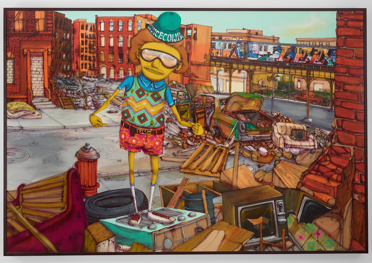 OSGEMEOS, South Bronx, 2016, Mixed media on wood, 74.02 x 109.45 x 4.5 inches, 188 x 278 x 11.4 cm, © OSGEMEOS, Courtesy the artists and Lehmann Maupin