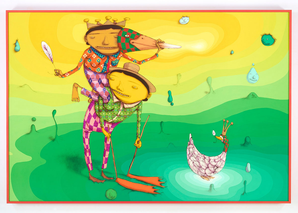 OSGEMEOS, O Pato Rei (The King Duck), 2016, Mixed media on wood board, 74.41 x 109.84 x 5.51 inches (framed), 189 x 279 x 14 cm, © OSGEMEOS, Courtesy the artists and Lehmann Maupin Gallery