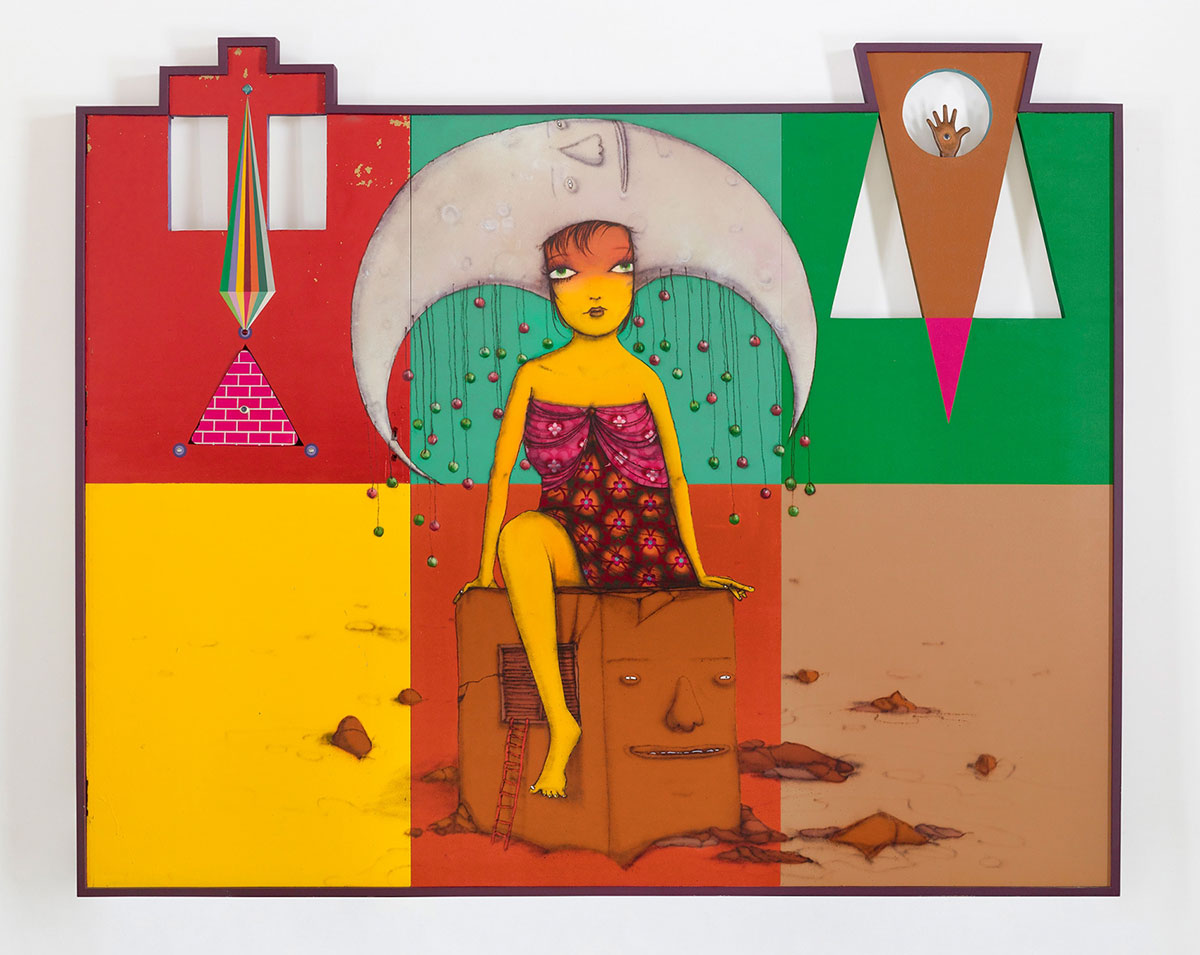 OSGEMEOS, A caixa de música (The music box), 2015, Mixed media on wood doors, 84.65 x 103.15 x 3 inches (framed), 215 x 262 x 7.6 cm, © OSGEMEOS, Courtesy the artists and Lehmann Maupin Gallery