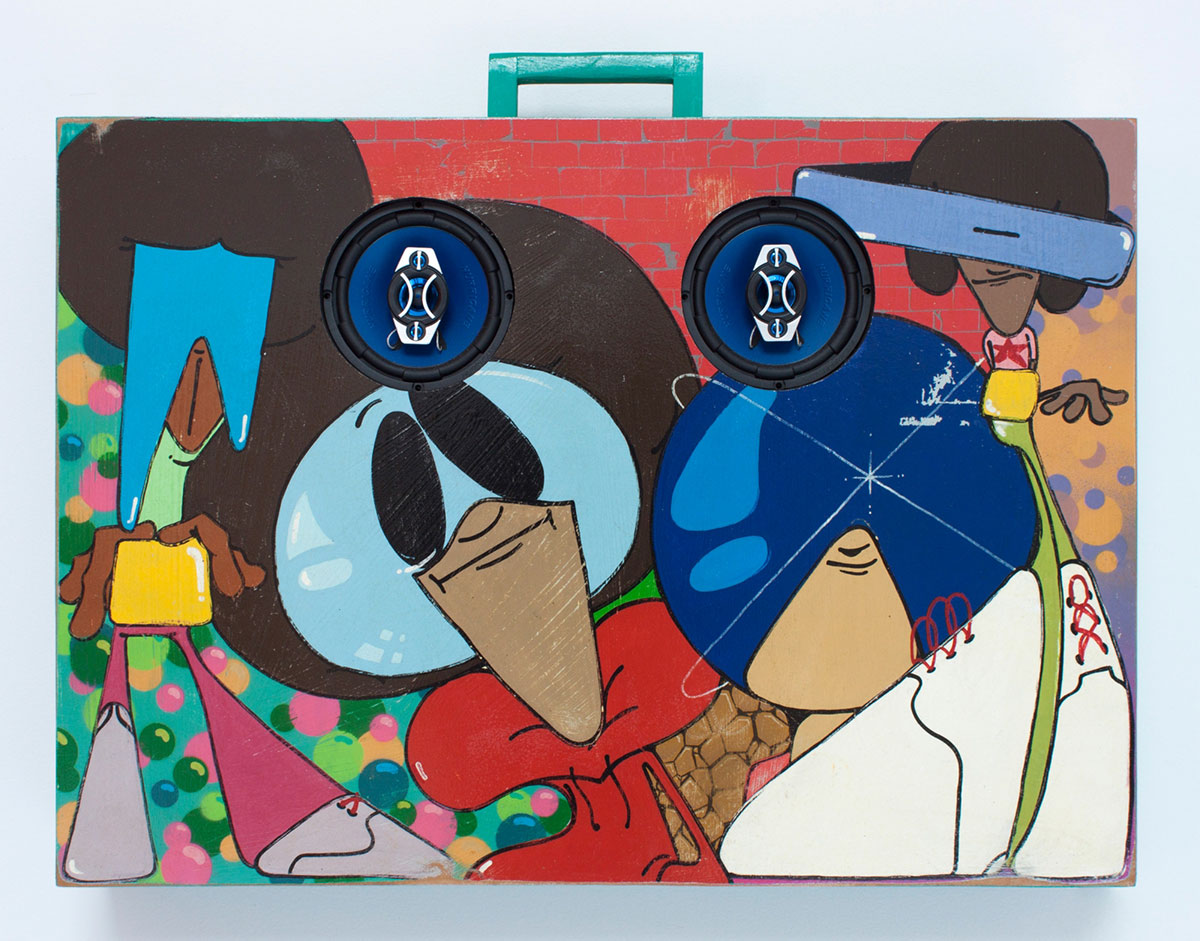 OSGEMEOS, Glass, 2016, Media player, USB drive, and mixed media on wood, sound, 19.75 x 27.75 x 5 inches, 50.2 x 70.5 x 12.7 cm, © OSGEMEOS, Courtesy the artists and Lehmann Maupin Gallery