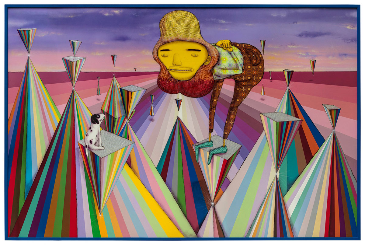 OSGEMEOS, The lyrical, 2018, Acrylic, spray paint, and sequins on board, 74.41 x 109.84 inches, 189 x 279 cm, © OSGEMEOS, Courtesy the artists and Lehmann Maupin Gallery