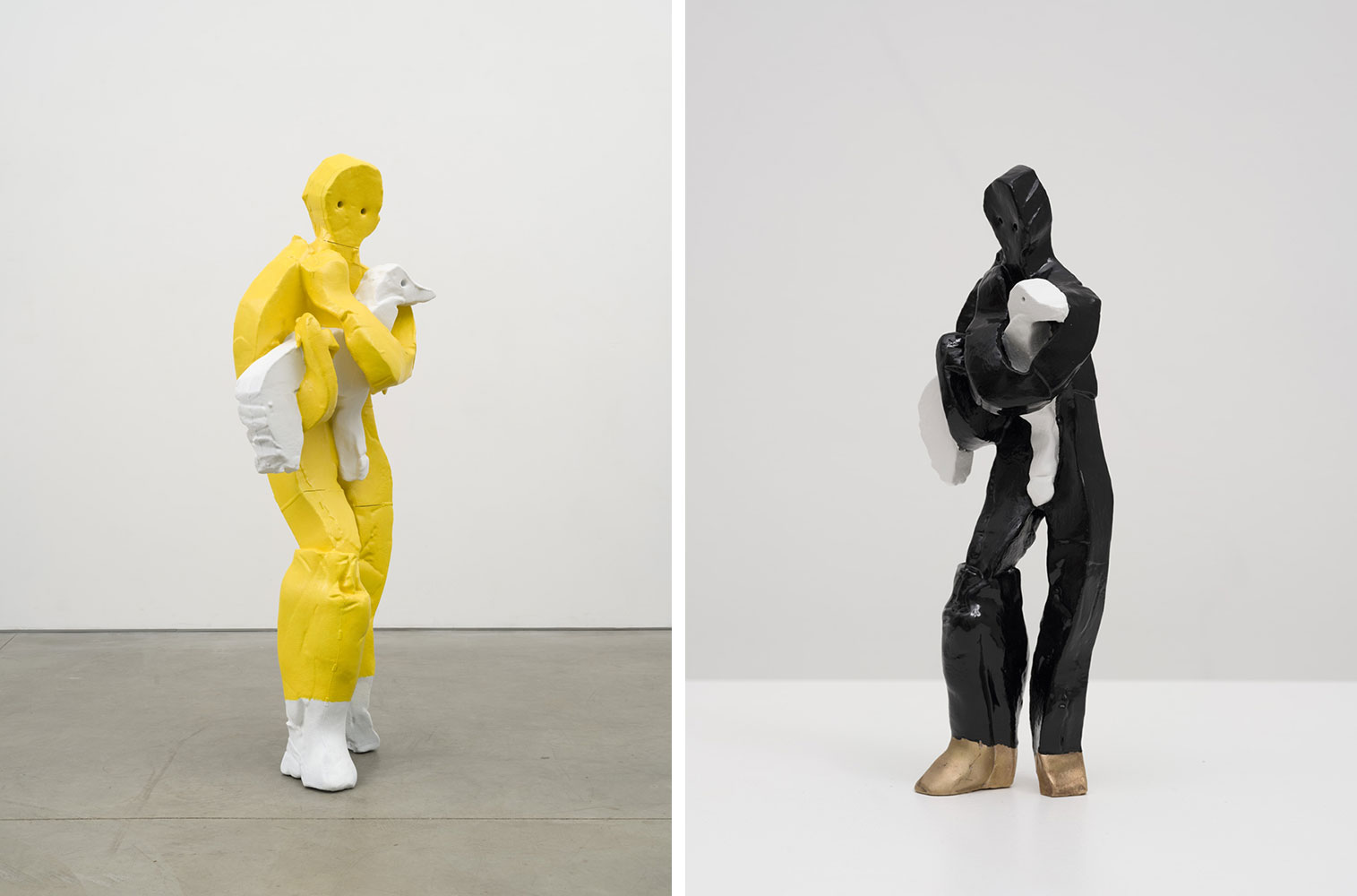 Left: Valentin Carron, Adult and Dog, 2022, cast aluminum, enamel paint, 68 x 28 x 15 inches, (172.7 x 71.1 x 38.1 cm), unique in a series of 3 with 1 AP, © Valentin Carron, Courtesy the artist and David Kordansky Gallery Right: Valentin Carron, Adult and Dog, 2022, bronze, enamel paint, 11 1/4 x 4 x 3 inches, (28.6 x 10.2 x 7.6 cm), unique in a series of 3 with 1 AP, © Valentin Carron, Courtesy the artist and David Kordansky Gallery