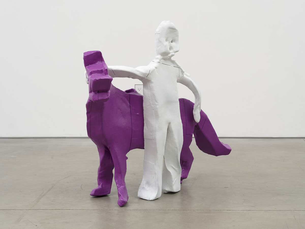 Valentin Carron, Child and Dog, 2022, cast aluminum, enamel paint, 40 x 49 x 23 inches, (101.6 x 124.5 x 58.4 cm), unique in a series of 3 with 1 AP, © Valentin Carron, Courtesy the artist and David Kordansky Gallery