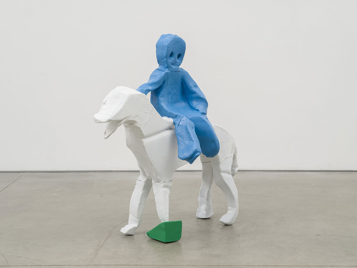 Valentin Carron, Baby and Dog, 2022, cast aluminum, enamel paint, 39 x 38 x 16 inches, (99.1 x 96.5 x 40.6 cm), unique in a series of 3 with 1 AP, © Valentin Carron, Courtesy the artist and David Kordansky Gallery