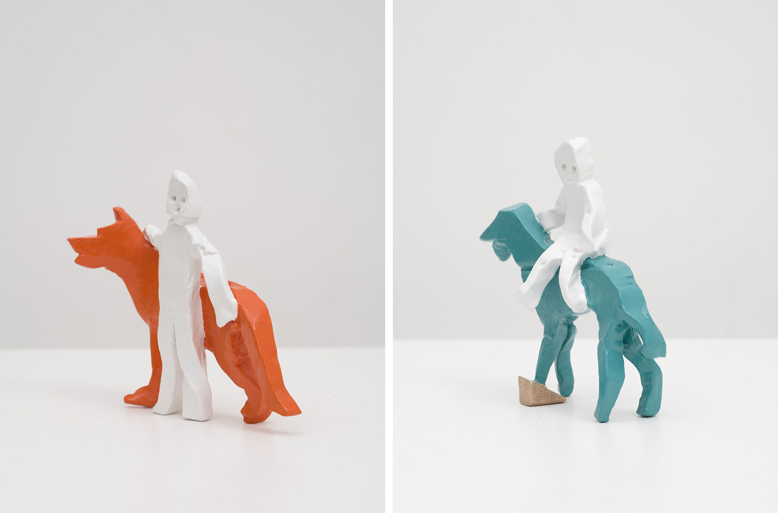 Left: Valentin Carron, Child and Dog, 2022, bronze, enamel paint, 6 1/4 x 7 1/2 x 3 inches, (15.9 x 19.1 x 7.6 cm), unique in a series of 3 with 1 AP, © Valentin Carron, Courtesy the artist and David Kordansky Gallery Right: Valentin Carron, Baby and Dog, 2022, bronze, enamel paint, 6 3/4 x 6 1/2 x 2 3/4 inches, (17.1 x 16.5 x 7 cm), unique in a series of 3 with 1 AP, © Valentin Carron, Courtesy the artist and David Kordansky Gallery