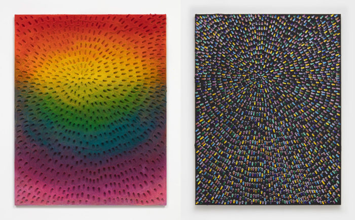 Left: Jennifer Guidi, Rainbow Orb (Painted White Sand SF #1B, Natural Ground, Rainbow), 2017, sand and acrylic on linen, 34 x 27 inches, (86.4 x 68.6 cm), © Jennifer Guidi, Courtesy the artist and The Long Museum. Right: Jennifer Guidi, An Endless Reflection of Your Beautiful Energy (White #2 PT, Black Sand SF #2E, Multicolor, Black Ground), 2020, sand, acrylic, and oil on linen, 76 x 58 inches, (193 x 147.3 cm), © Jennifer Guidi, Courtesy the artist and The Long Museum