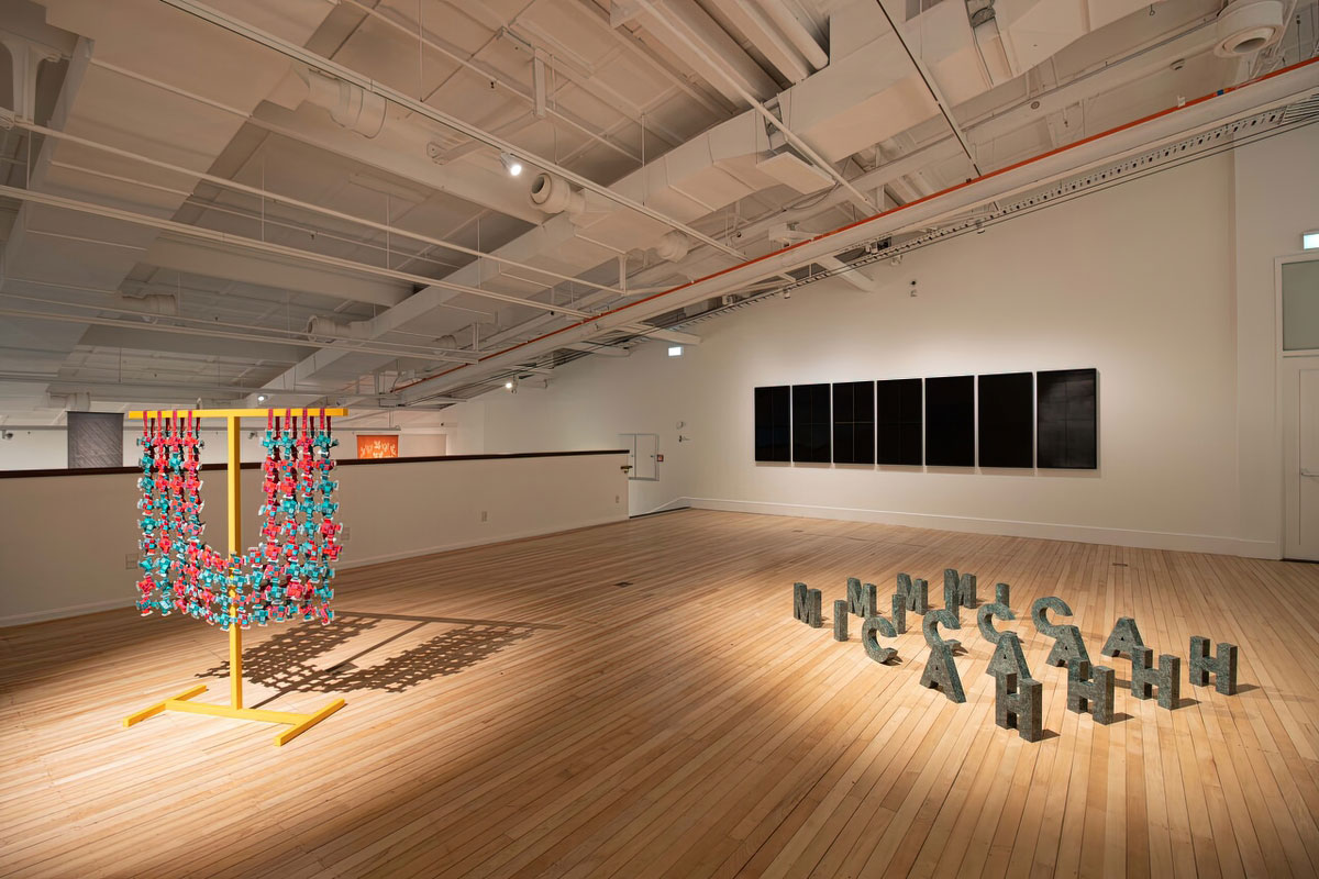 Works by Turumeke Harrington, Michael Parekōwhai, Ralph Hotere, Several degrees of attention, 2022, installation view. Govett-Brewster Art Gallery, Ngāmotu New Plymouth. Photo: Bryan James
