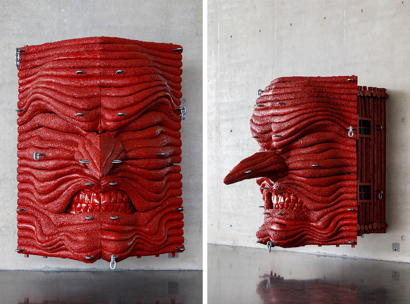 Left & Right: Jordan Wolfson, House with Face, 2017, Installation view, ground floor Kunsthaus Bregenz, 2022, Photo: Markus Tretter, Courtesy of the artist and Sadie Coles HQ-London, © Jordan Wolfson, Kunsthaus Bregenz