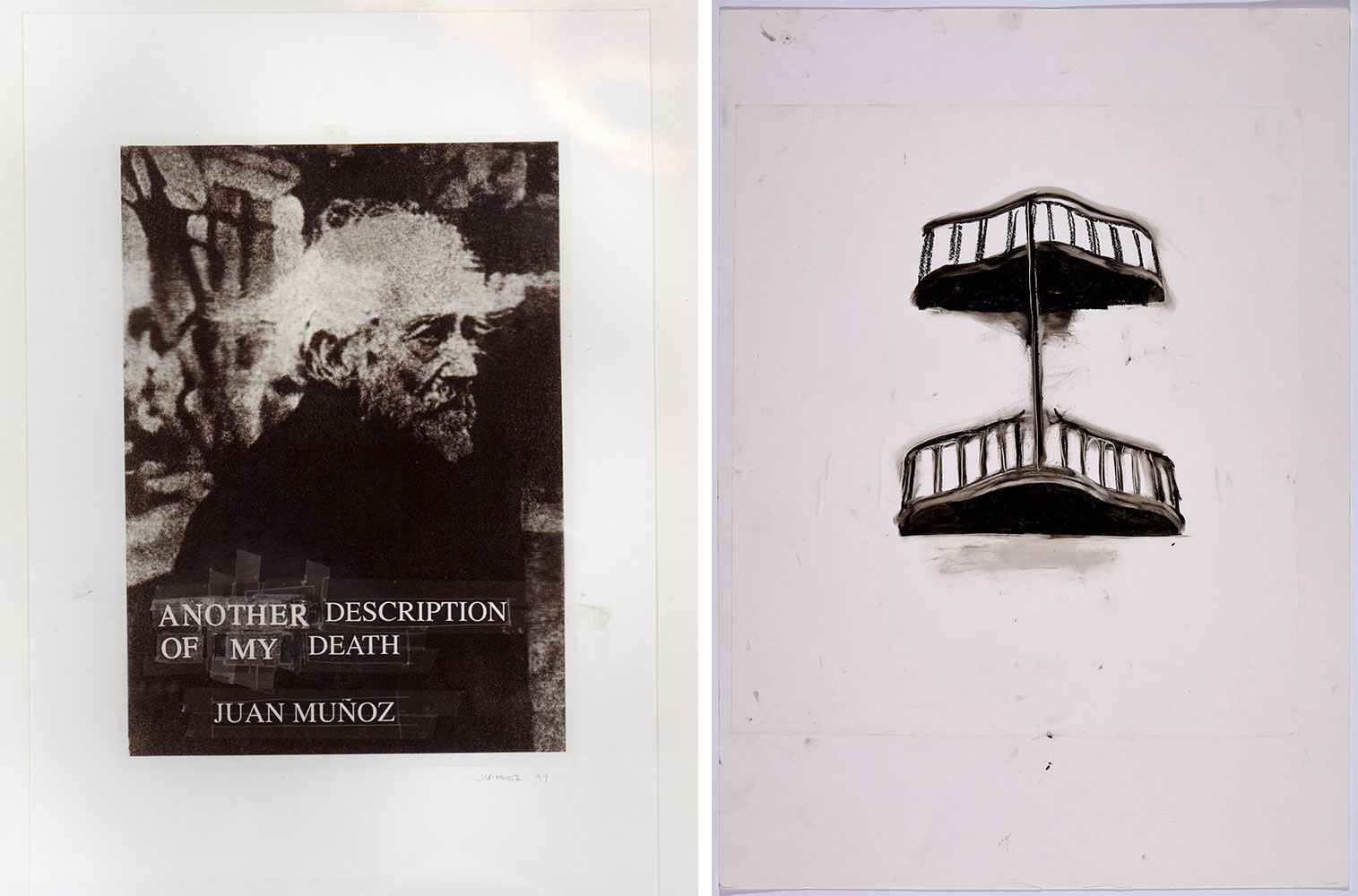 Left: Juan Muñoz, Another Description of My Death, 1999, 70 x 49.8 cm, Private collection Right: Juan Muñoz, Untitled (Double Balconies), 1984, Oilstick on transparent plastic sheet, on paper, 70 x 50 cm, Private collection