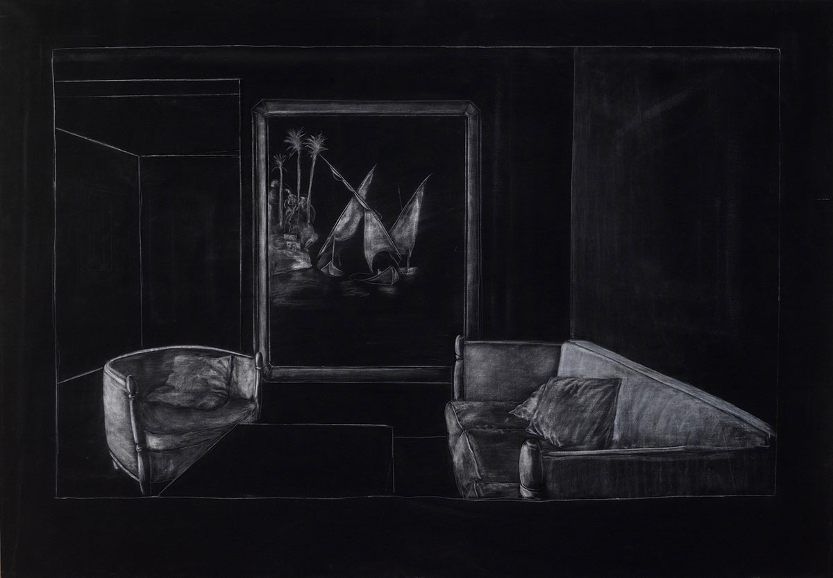 Juan Muñoz, Raincoat Drawing, 1989, Chalk on dyed cotton, 141 x 201 x 4 cm, Private collection