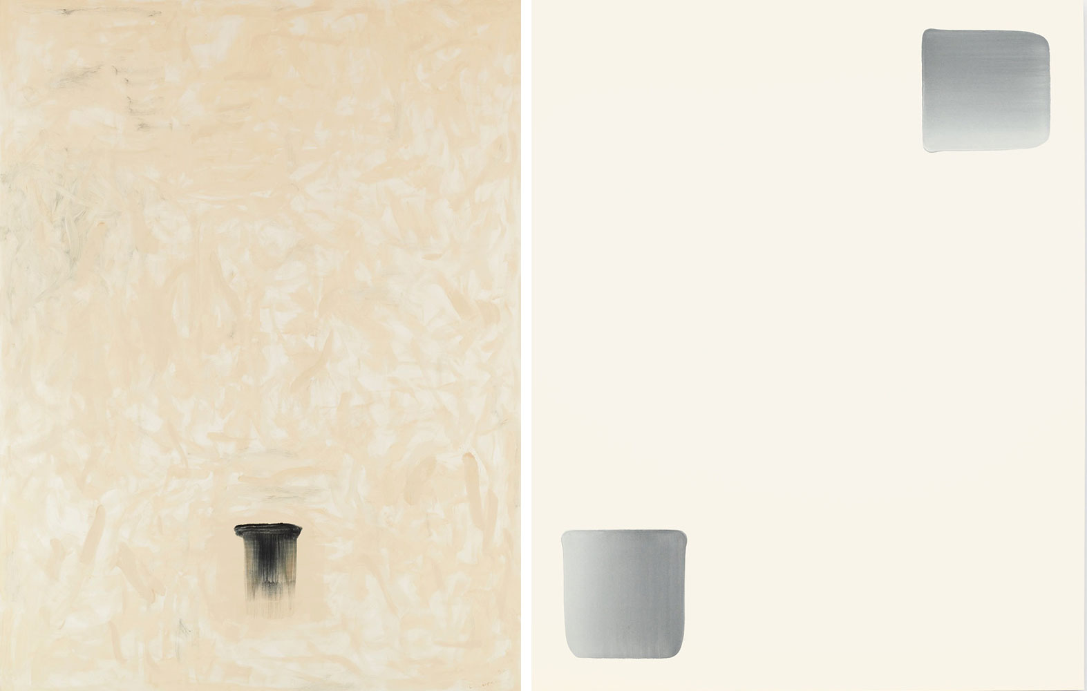 Left: Lee Ufan, With Winds, 1990, Oil on canvas, 291 × 218 cm, The National Museum of Modern Art, Tokyo. © Lee Ufan, Photo: Nobutada Omote Right: Lee Ufan, Dialogue, 2007, Oil on canvas, 89 3/8 x 71 5/8 in, © Lee Ufan, Courtesy the artist and The National Art Center Tokyo