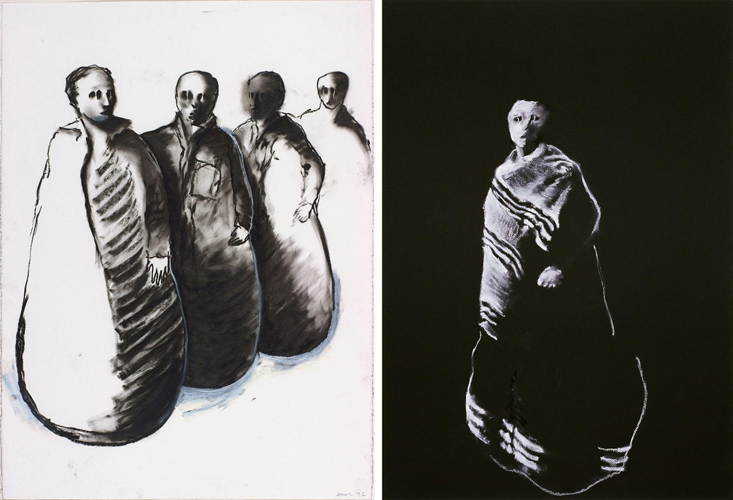 Left: Juan Muñoz, Untitled (Conversation Piece Figures, Group of 4), 1992, Charcoal and crayon on paper, 76,8 x 57 cm, Collection Van Abbemuseum, Eindhoven Right: Juan Muñoz, Untitled (Man with Blanket), 1997, Oilstick on black paper, 107,5 x 77,5 cm, Lorena Ruiz de Villa Contemporary Art