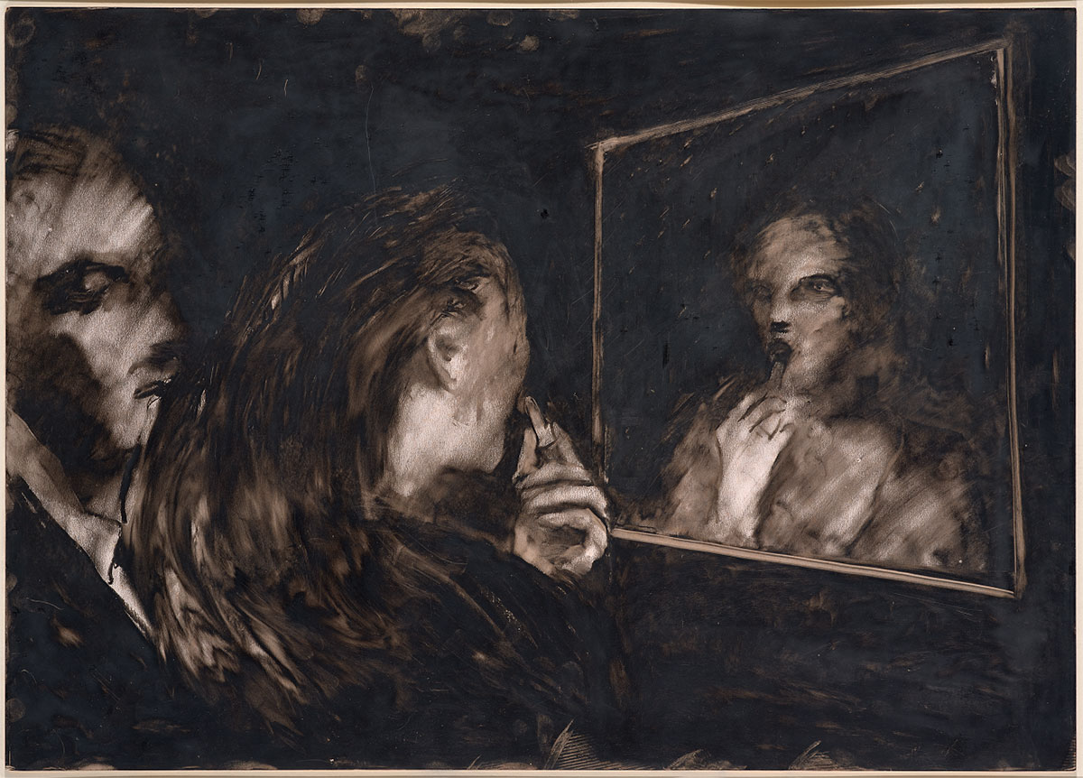 Juan Muñoz Untitled (Woman and Man with Mirror), c. 2000, Oilstick on paper, 50 x 70 cm, Private collection