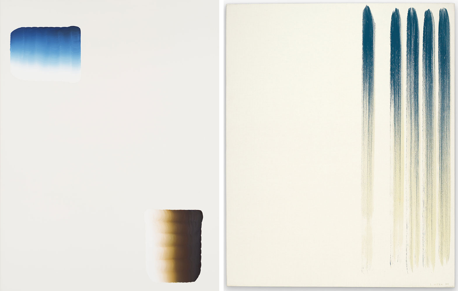 Left: Lee Ufan, Response, 2021, Acrylic on canvas, 291 × 218 cm, Collection of the artist, © Lee Ufan, Photo: Shu Nakagawa Right: Lee Ufan, From Line, 1980, Oil on anvas, 63 3/4 x 51 3/8 in, © Lee Ufan, Courtesy the artist and The National Art Center Tokyo