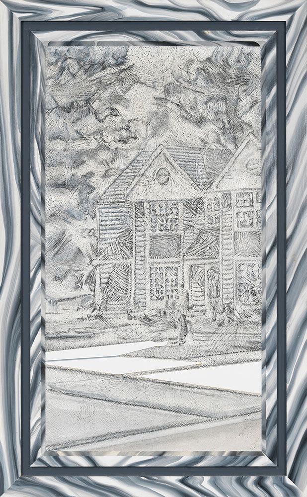 Richard Artschwager, Untitled, 1992, Charcoal, acrylic, and Formica on Celotex, in artist’s frame, 53 x 32 3/4 inches, 134.6 x 83.2 cm, © 2022 The Estate of Richard Artschwager / Artists Rights Society (ARS), New York, Photo: Rob McKeever, Courtesy Gagosian