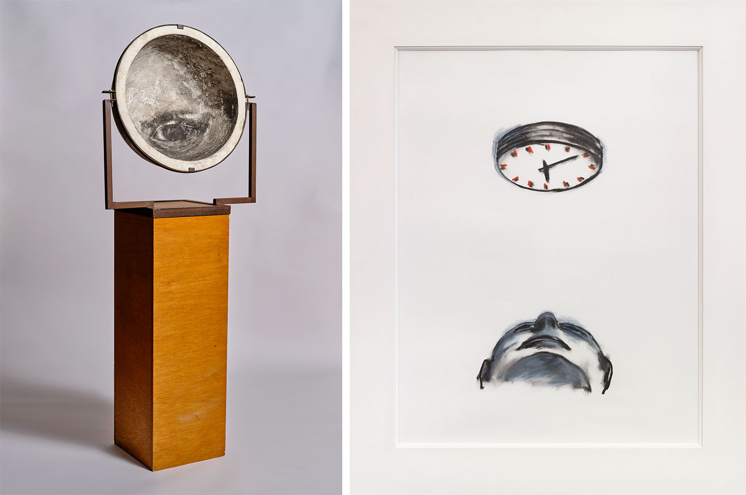 Left: Juan Muñoz, Later Portrait I, 1986, Charcoal, concrete, iron, wooden base, 152,4 x 59,1 x 30,5 cm, R/E Collection Right: Juan Muñoz, Untitled (Head and Clock), 1988, Oilstick on paper, 43 x 27 cm, Private Collection, Ghent, Belgium