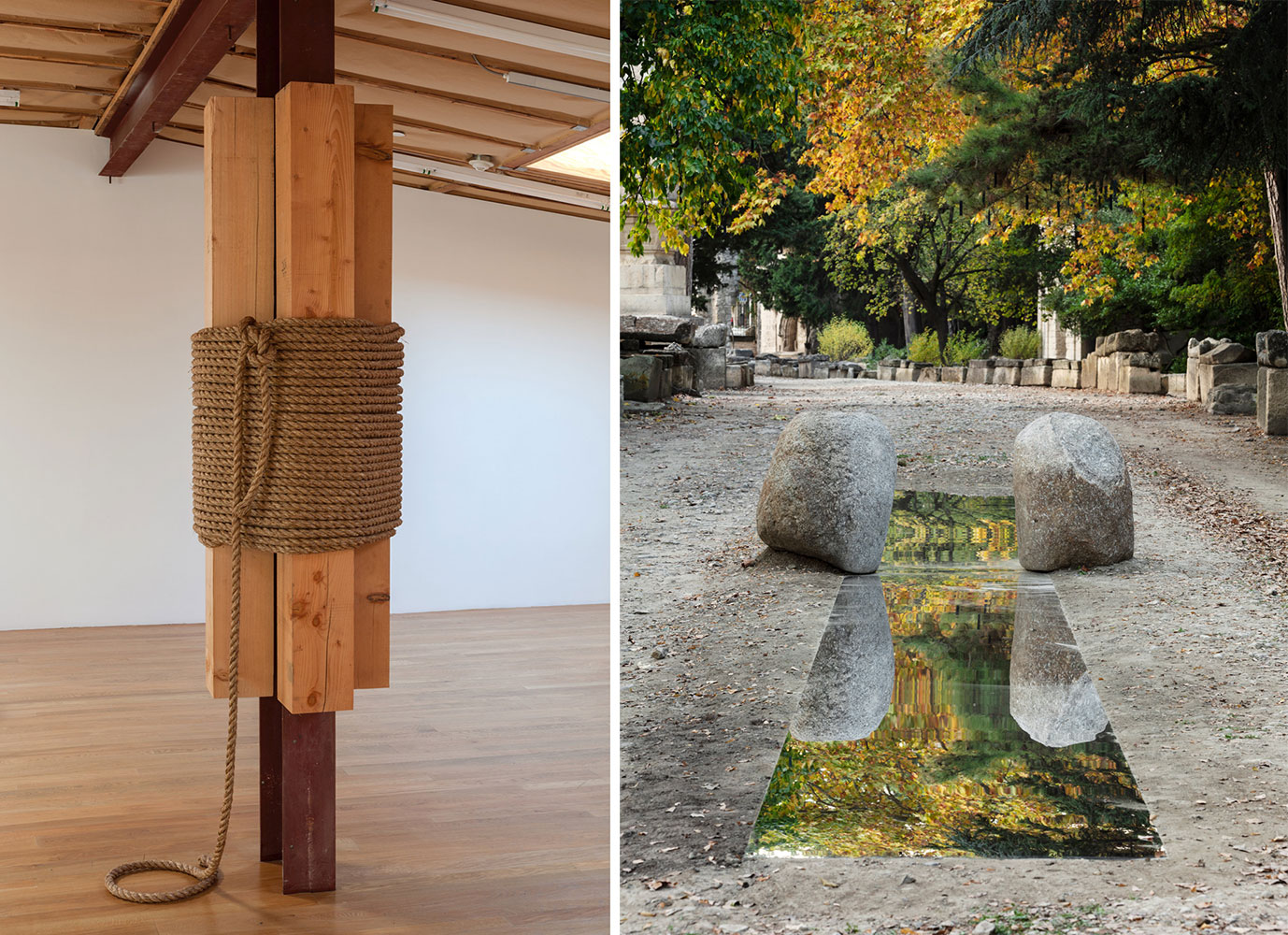 Left: Lee Ufan, Relatum III (a place within a certain situation), 1970/2012, Douglas Fir, rope, Four beams: 72 x 8 x 8 inches each; Rope: 2 (diameter) x 164 inches, © Lee Ufan, Courtesy the artist and Blum & Poe Gallery Right: Lee Ufan, Relatum-The mirror road, 2021, Stone, stainless steel, Collection of the artist, © Lee Ufan, Installation view: Lee Ufan: Requiem, The Alyscamps, Arles, France, 2021, Photo: © Claire Dorn, Courtesy Lee Ufan and Lisson Gallery
