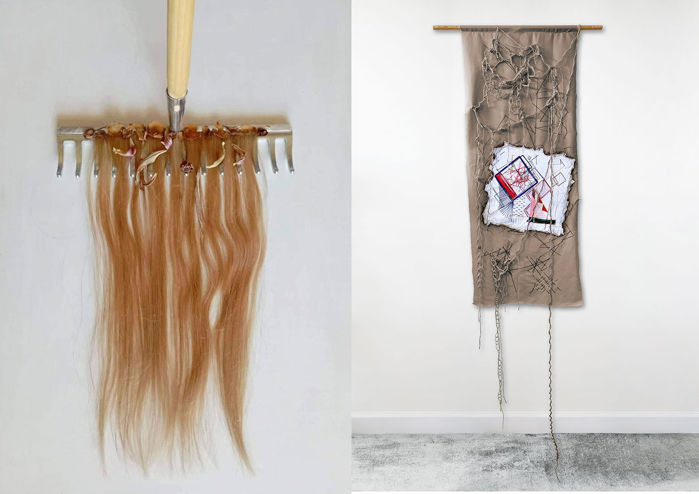 Left: Lampini Boviatsou, Forever yours, 2022, oil on ready made object, hair, dried flowers, 170x32x7cm Right: Maria Stamati Untitled, 2022, Embroidered canvas and burlap, 141 Χ 59 cm