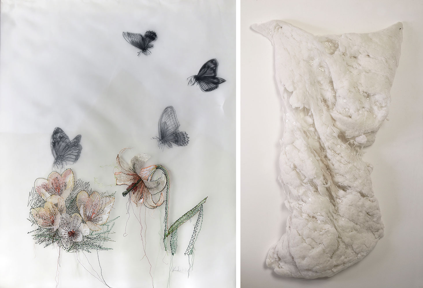 Left: Konstantina Sylikou, COEXISTENCE, 2021-22, charcoal and silk thread on canvas, organdy and tulle, 100 X 120 cm Right: Margarita Petrova, Pillow I, 2008, Mixed Media, 0,45X0,90 cm