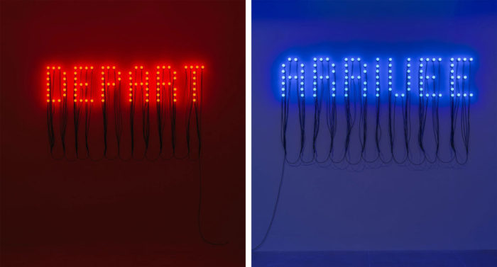 Christian Boltanski, Départ – Arrivée, 2015, 2 pieces; 86 red light bulbs, 99 blue light bulbs, electric wire, 126 × 122 × 4 in, 320 × 309.9 × 10.2 cm, Edition of 3, Courtesy Marian Goodman Gallery