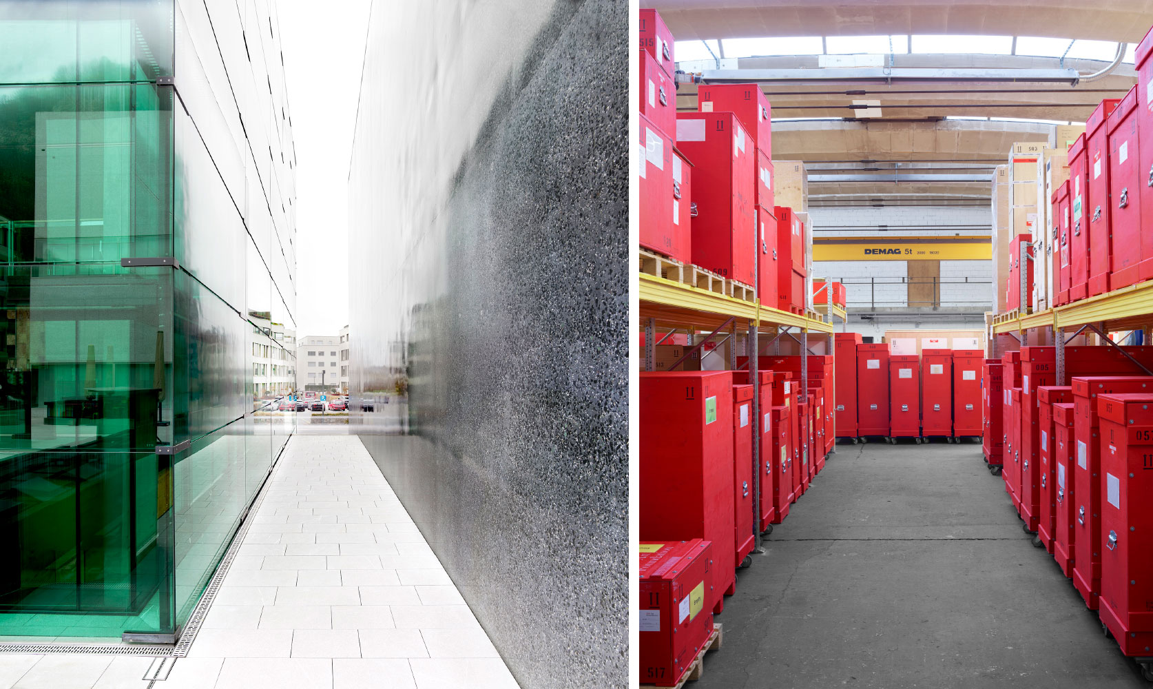 Left: Candida Höfer, Passage Vaduz I 2021, C-Print, 184 × 17.8 cm © Candida Höfer, Cologne / 2022, Pro Litteris, Zurich Right: Candida Höfer, HAF Kistenlager Schaan I 2021, C-Print, 184 × 149 cm © Candida Höfer, Cologne / 2022, Pro Litteris, Zurich