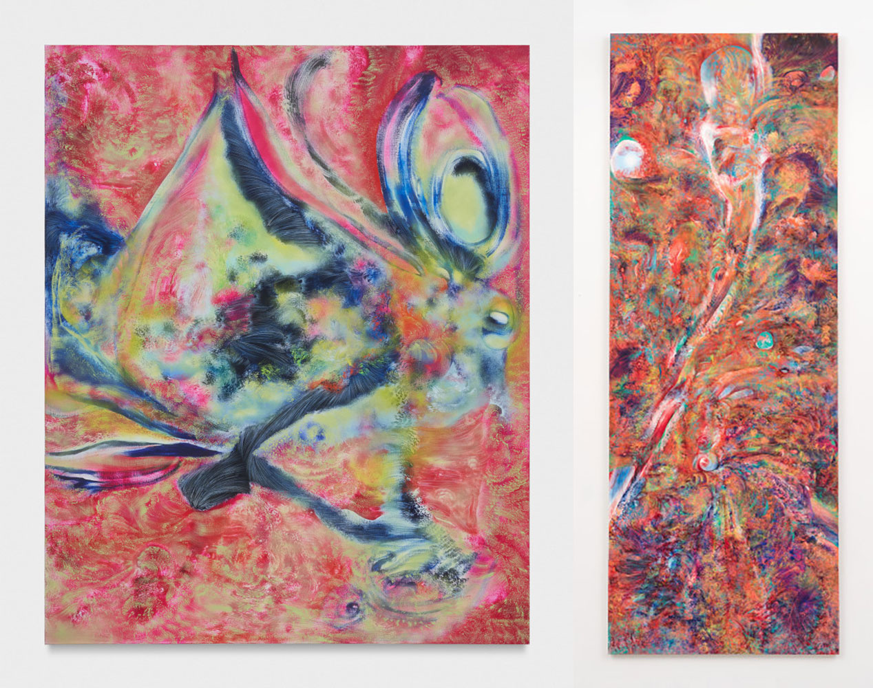 Left: Lucy Bull, Criss, 2022, oil on linen, 84 x 68 x 1 1/8 inches (213.4 x 172.7 x 2.9 cm), © Lucy Bull, courtesy the artist and David Kordansky Gallery Right: Lucy Bull, 23:37, 2022, oil on linen, 138 1/2 x 51 1/8 x 1 5/8 inches (351.8 x 129.9 x 4.1 cm), © Lucy Bull, courtesy the artist and David Kordansky Gallery