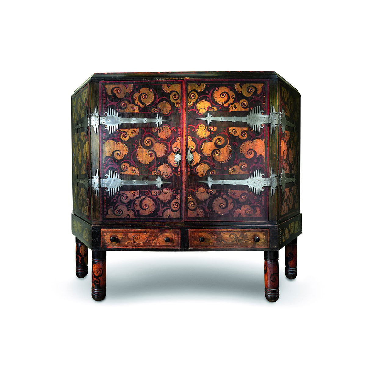 Louis Bogtman, cabinet, 1945. Made by Kunstnijverheidsatelier Bogtman, Hilversum (NL), batik on pine and birch plywood, stained elm, wrought iron. Stedelijk Museum Amsterdam, acquired with the generous support of the Mondriaan Fund, 2019