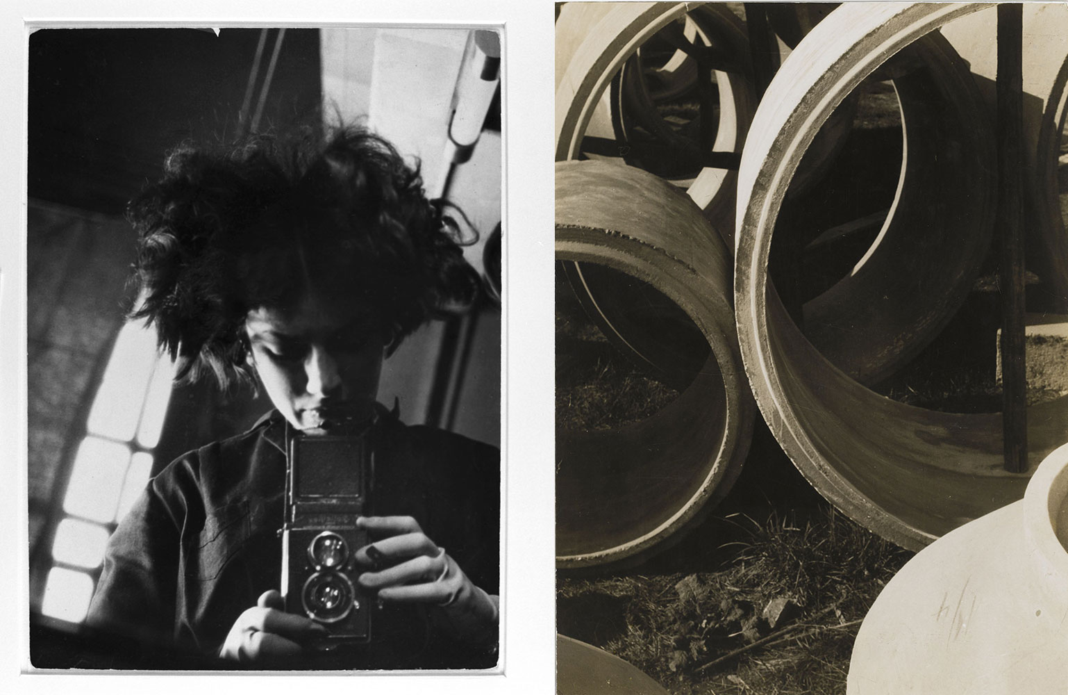 Left: Eva Besnyö, Self-Portrait, Berlin, 1931, gelatin silver print. Stedelijk Museum Amsterdam Right: Moholy-Nagy, László, Concrete Pipes, c. 1925, gelatin silver print. Stedelijk Museum Amsterdam, gift of Cas Oorthuys, 1958