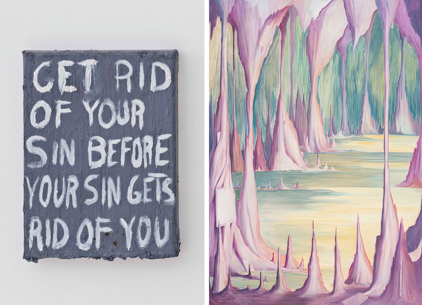 Left: Sébastien Bonin, Advice, 2021, oilstick and oil on canvas, 24 x 18 cm (9.45 x 7.09 in), © Sébastien Bonin, Courtesy the artist and Michel Rein Gallery Right: Sébastien Bonin, Follow me, 2022, oil and pencil on canvas, 200 x 140 cm (78.74 x 55.12 in), © Sébastien Bonin, Courtesy the artist and Michel Rein Gallery