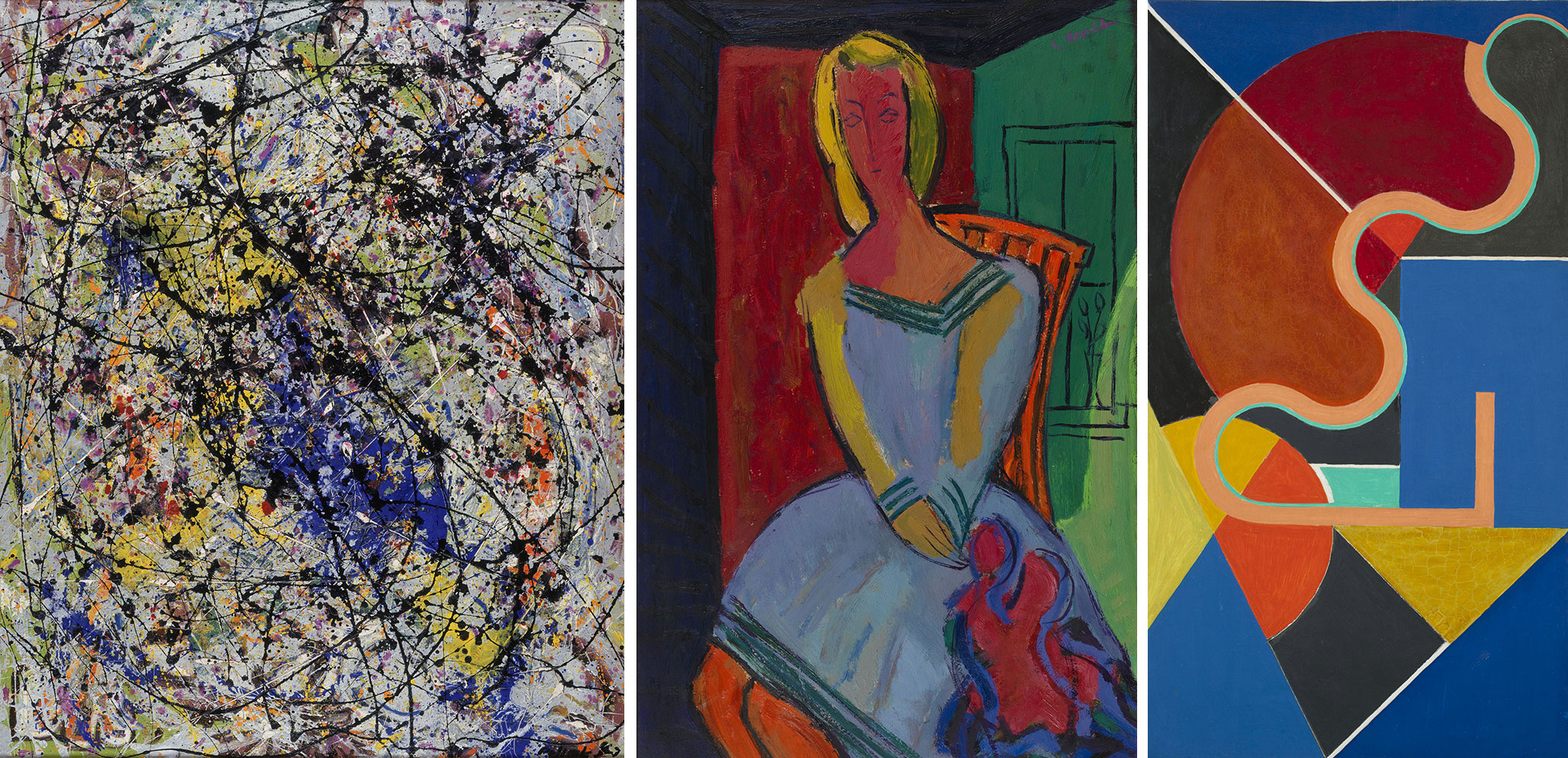 Left: Jackson Pollock, Reflection of the Big Dipper, 1947, paint on canvas. Stedelijk Museum Amsterdam, gift of Peggy Guggenheim, 1950 Center: Karel Appel, Seated girl, 1946, oil on cardboard. Stedelijk Museum Amsterdam Right: Nicolaas Warb, Émanation magnétique, 1946, oil on panel. Stedelijk Museum Amsterdam, gift of Francis Nicolas, Paris, 1970
