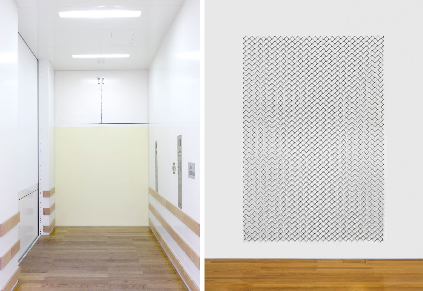 Left: Candida Höfer, Kunstmuseum Liechtenstein Vaduz I 2021, C-Print, 184 × 141.5 cm © Candida Höfer, Cologne / 2022, Pro Litteris, Zurich Right: Bill (William) Bollinger, Wire Piece, 1970, Kunstmuseum Liechtenstein, Vaduz © Estate of the artist