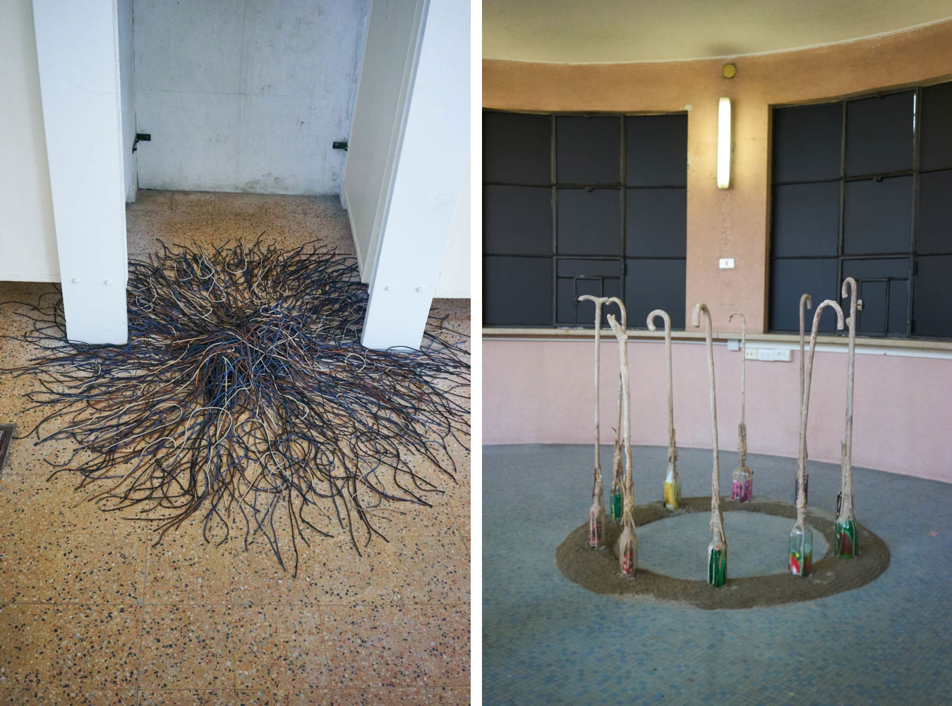Left: Nari Ward, Gifted Witness, 2018, shoes, leather laces, Ø 180 x 10 cm, © Nari Ward, Courtesy the artist and Galleria Continua Right: Nari Ward, Stroller Sprouts, 2013, walking sticks, bamboo, clay, glue, bottles, seeds, copper wire, sand , range height 109 – 128,5 cm, © Nari Ward,Courtesy the artist and Galleria Continua