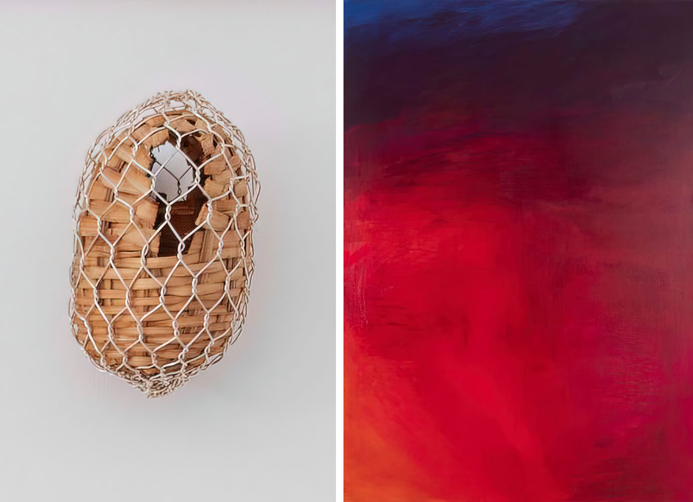 Left: Sébastien Bonin, 18 rue Gabriel Petousr, 2022 sculpture in silver and wicker, 15 x 9 x 12 cm (5.91 x 3.54 x 4.72 in), © Sébastien Bonin, Courtesy the artist and Michel Rein Gallery Right: Sébastien Bonin, Apps (Instagram), 2022, oil on canvas, 200 x 140 cm (78.74 x 55.12 in), © Sébastien Bonin, Courtesy the artist and Michel Rein Gallery
