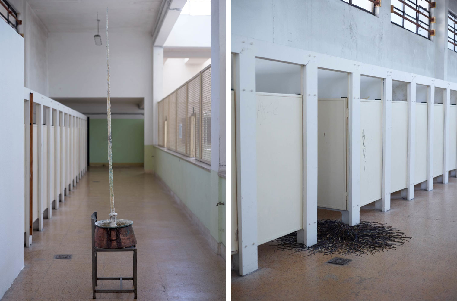 Left: Nari Ward, Gifted Witness, 2018, shoes, leather laces, Ø 180 x 10 cm, © Nari Ward, Courtesy the artist and Galleria Continua Right: Nari Ward, Offspring, 2013, copper basin, colored soap, human hair, bones, canvas, bamboo, glass carafe, 210 x 40 x 40 cm, © Nari Ward, Courtesy the artist and Galleria Continua