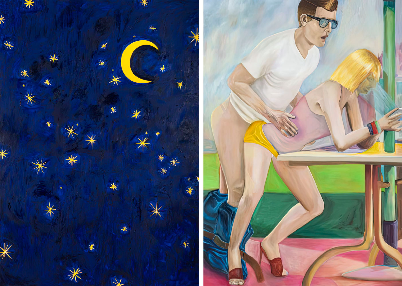 Left: Sébastien Bonin, Pollution lumineuse, 2022 oilstick on canvas, 200 x 140 cm (78.74 x 55.12 in), © Sébastien Bonin, Courtesy the artist and Michel Rein Gallery Right: Sébastien Bonin, GTA (Sextape), 2022, oil on canvas, 200 x 140 cm (78.74 x 55.12 in), © Sébastien Bonin, Courtesy the artist and Michel Rein Gallery