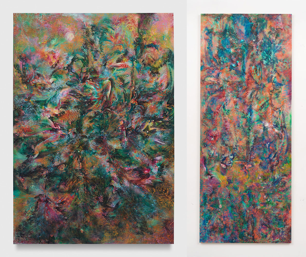 Left: Lucy Bull, 17:31, 2022, oil on linen, 69 1/8 x 48 1/8 x 1 1/8 inches (175.6 x 122.2 x 2.9 cm), © Lucy Bull, courtesy the artist and David Kordansky Gallery Right: Lucy Bull, 16:31, 2022, oil on linen, 128 x 51 1/4 x 1 5/8 inches (325.1 x 130.2 x 4.1 cm), © Lucy Bull, courtesy the artist and David Kordansky Gallery