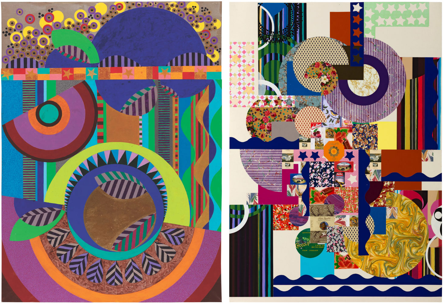 Left: Beatriz Milhazes, Sonho de Jardineiro, 2021, Photo: Pepe Schettino, © Beatriz Milhazes, Courtesy the artist and Pace Gallery Right: Beatriz Milhazes, Bala de leite em roxo e azul ultramar, 2017, 140 cm x 100 cm, Photo: Pepe Schettino, © Beatriz Milhazes, Courtesy the artist and Pace Gallery