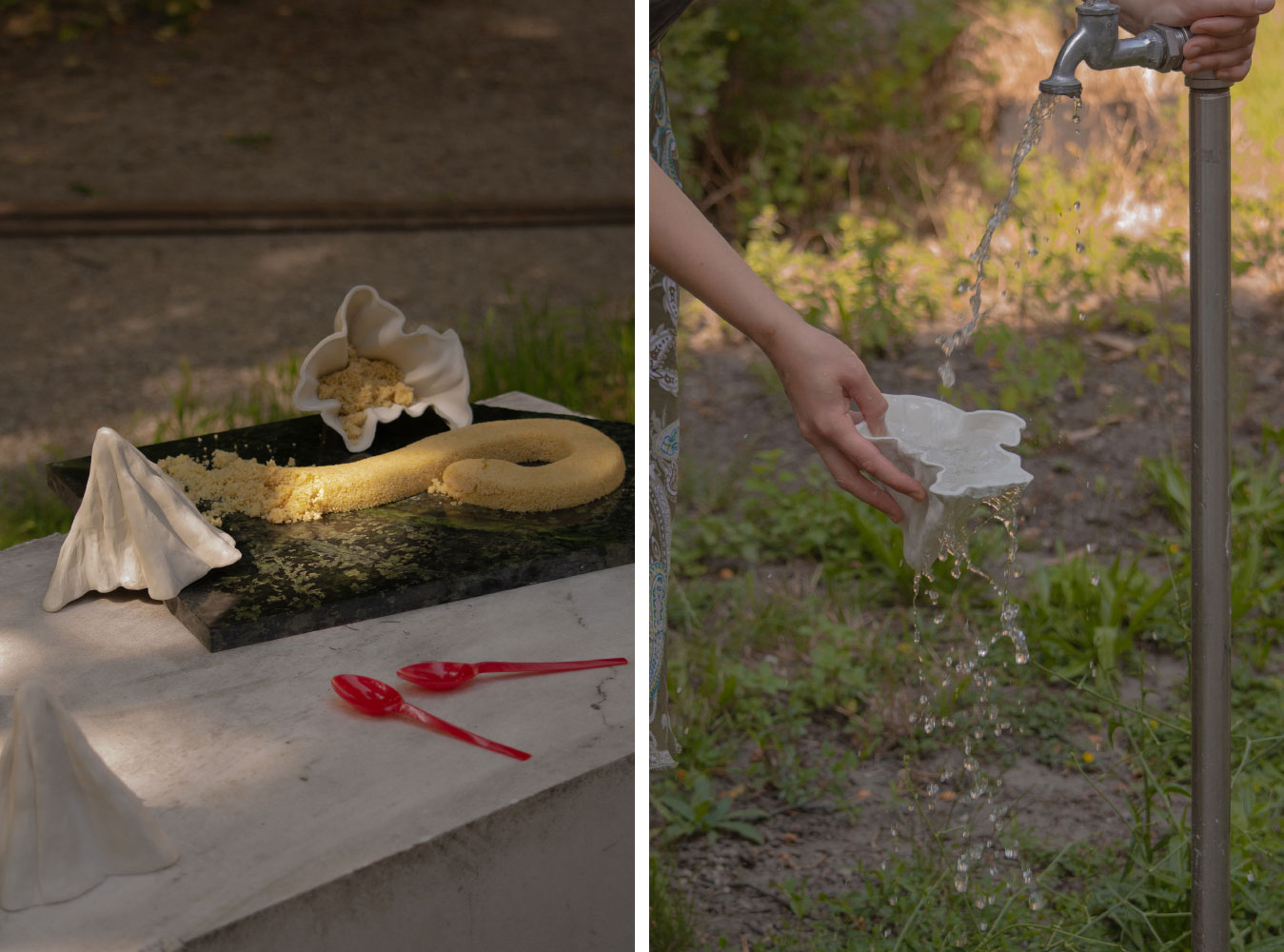 Left & Right: Iben Zorn, Detail of dinner setting: Building castles, 2022. Photo: Amy-Casilda Bartoli