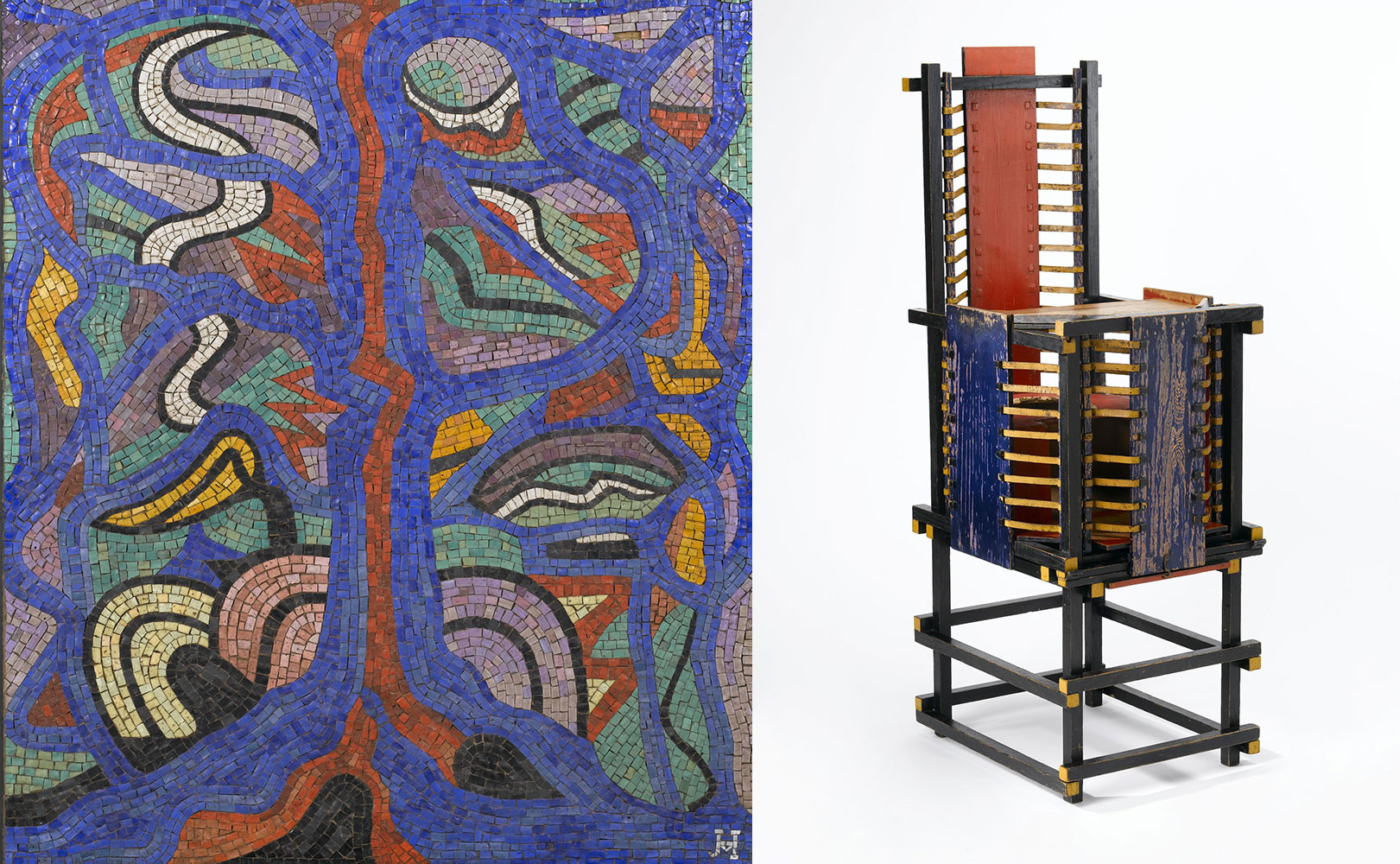 Left: Jacoba van Heemskerck, Composition (Tree), 1920, glass mosaic. Stedelijk Museum Amsterdam, gift of J.W.E. Buijs, The Hague, 1950 Right: Gerrit Rietveld, Witteveen high chair, design 1918, this copy made 1921-1922, commissioned by H.G.J. Schelling and W.G. Witteveen, painted ash, elm, beech and leather. Joint purchase Stedelijk Museum Amsterdam and Centraal Museum Utrecht, acquired with the generous support of the Mondriaan Fund, and the Vereniging Rembrandt, 2008