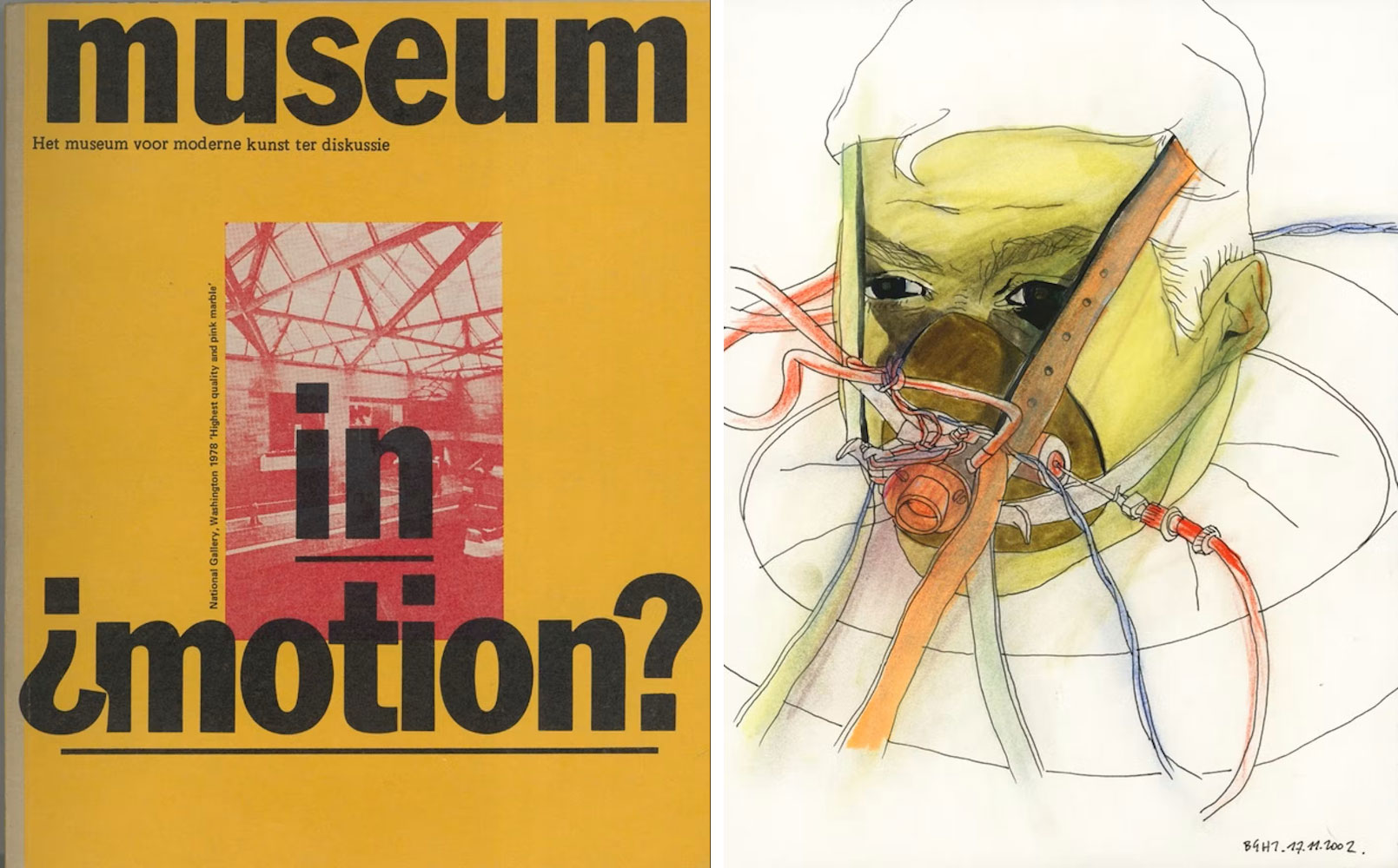 Left: Panamarenko, Museum in motion? - Museum in beweging?, 1979, Ink, paper, 25.9 x 21.2 cm, 377 p, language : English, Dutch, publisher: Staatsuitgeverij, Amsterdam, Collection: Collection M HKA, Antwerp Right: Anne-Mie Van Kerckhoven / AMVK, Astronaut, 2002, east-indian ink, paper, pencil, Whole: 51.8 x 45.1 cm, Drawing: 25.2 x 20.1 cm, Collection: Collection M HKA, Antwerp / Collection Flemish Community