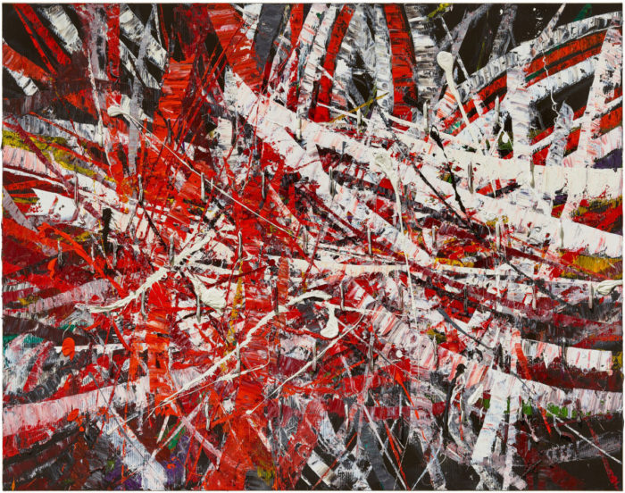 Mark Grotjahn, Untitled (Backcountry Capri 54.74), 2021, Oil on cardboard mounted on linen, 74 ⅜ × 94 ⅜ inches (188.9 × 239.7 cm), © Mark Grotjahn. Photo: Douglas M. Parker Studio, Courtesy the artist and Gagosian