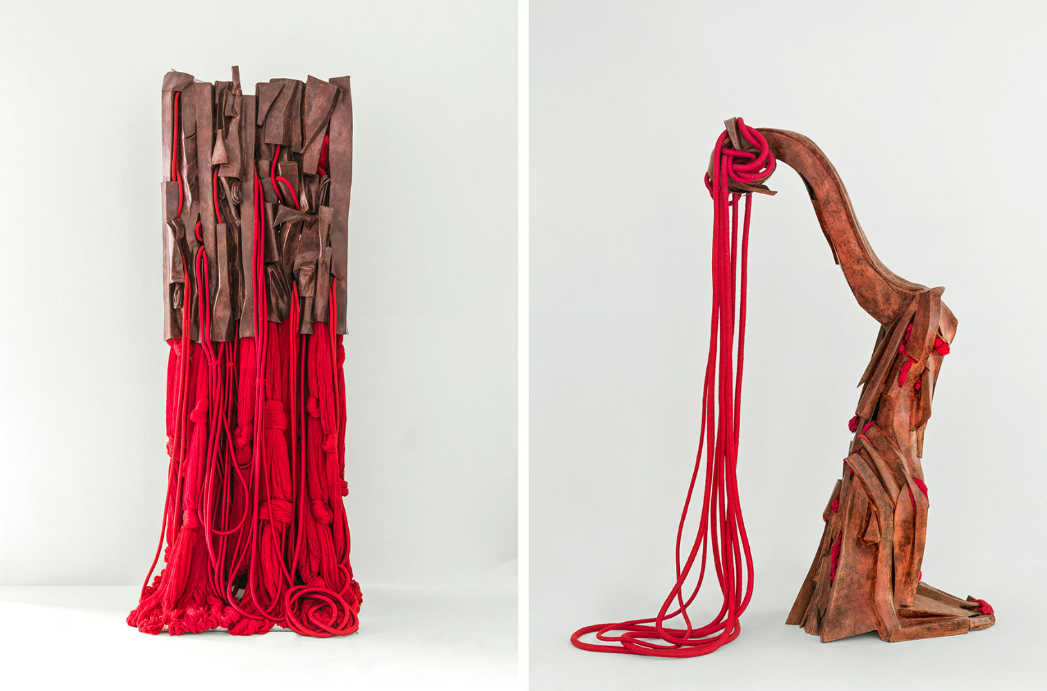 Left: Barbara Chase-Riboud, Malcom X #16</em>, 2016, Bronze with red patina, silk, wool, and polished cotton and synthetic fibers with steel support, 92 × 32 × 30 inches (233.7 × 81.3 × 76.2 cm), Yale University Art Gallery, Janet and Simeon Braguin Fund, © Barbara Chase-Riboud, Photography by Alise O'Brien Photography, Courtesy the artist and Pulitzer Arts Foundation Right: Barbara Chase-Riboud, La Musica Red Parkway, Josephine</em>, 2007, Bronze with red patina and silk, 72 7/8 x 49 x 19 inches (185.1 x 124.5 x 48.3 cm). Private collection, © Barbara Chase-Riboud, Photography by Alise O'Brien Photography, Courtesy the artist and Pulitzer Arts Foundation