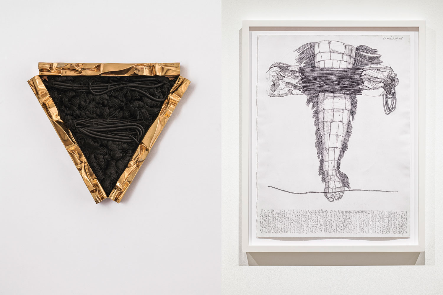 Left: Barbara Chase-Riboud, Homage to Gustave Courbe, 1967, Polished bronze and silk, 29 x 30 x 5 ½ inches (73.7 x 76.2 x 14 cm). Private Collection. © Barbara Chase-Riboud, Photograph by Alise O'Brien Photography, Courtesy the artist and Pulitzer Arts Foundation Right: Barbara Chase-Riboud, Shaka Zulu Monument, Cape Town, 2007, Charcoal, charcoal pencil, and ink with engraving and aquatint on paper, 31 1/2 × 23 7/8 inches (80 × 60.6 cm), Private Collection, © Barbara Chase-Riboud, Photography by Alise O'Brien Photography, Courtesy the artist and Pulitzer Arts Foundation