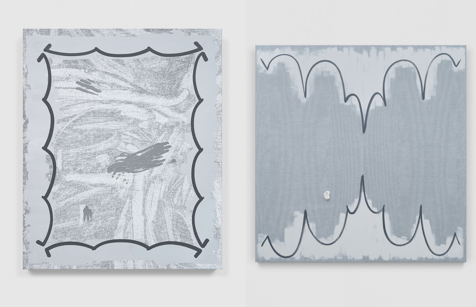 Left: Amy Feldman, Light Smear, 2022, Acrylic and silkscreen ink on canvas, 147.5 x 122 cm / 58 x 48 in, © Amy Feldman, Courtesy the artist and Galerie Eva Presenhuber Right: Amy Feldman, Blob Throb, 2022, Acrylic, silkscreen ink and impasto on canvas, 200.5 x 200.5 cm / 78 7/8 x 78 7/8 in, © Amy Feldman, Courtesy the artist and Galerie Eva Presenhuber