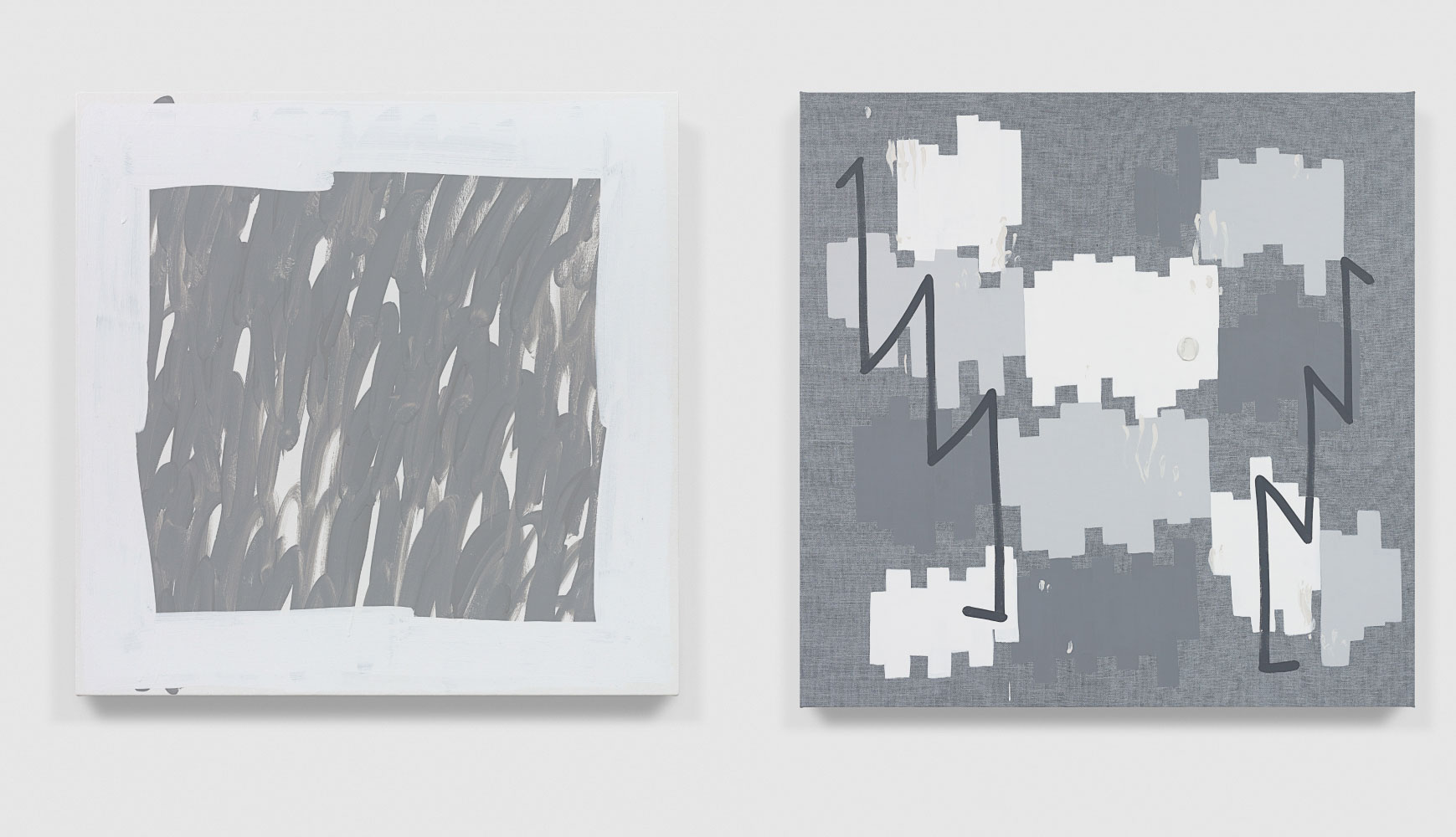 Left: Amy Feldman, Cold Pressure, 2022, Acrylic on canvas 61 x 61 cm / 24 x 24 in, © Amy Feldman, Courtesy the artist and Galerie Eva Presenhuber Right: Amy Feldman, Okay Canal, 2022, Acrylic and silkscreen ink on canvas, 152.5 x 152.5 cm / 60 x 60 in, © Amy Feldman, Courtesy the artist and Galerie Eva Presenhuber