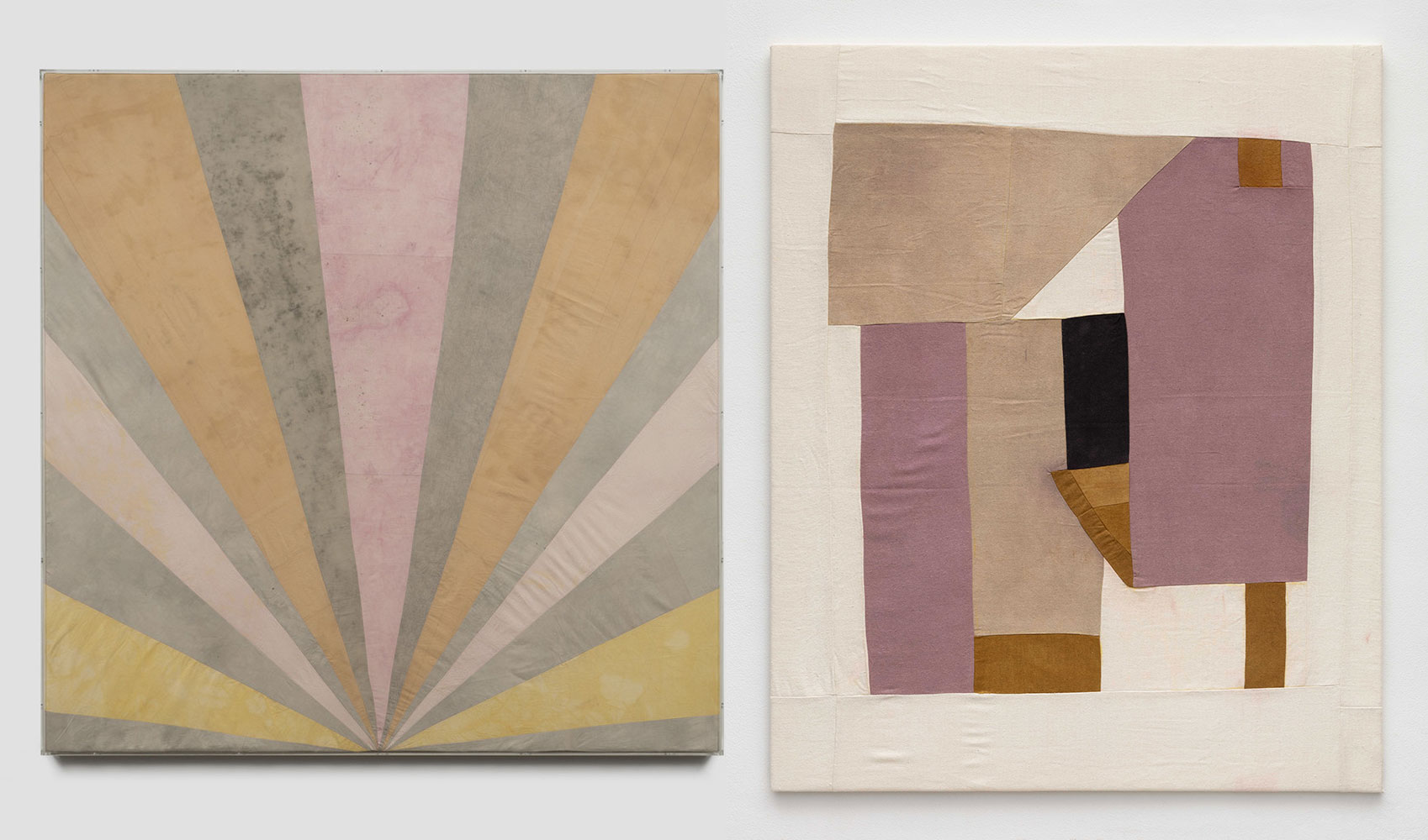 Left: Yto Barrada, Untitled (After Stella, Sunrise II), 2020, cotton and dyes from plant extracts. © Yto Barrada, courtesy Pace Gallery and Sfeir-Semler Gallery Beirut/Hamburg. Photo: Peter Clough Right: Yto Barrada, Plan for a dye garden (Figure #3), 2019, hand dyed silk with plant extracts and insect, 119.4 x 99.1 cm. © Yto Barrada, courtesy Pace Gallery and Sfeir-Semler Gallery Beirut/Hamburg