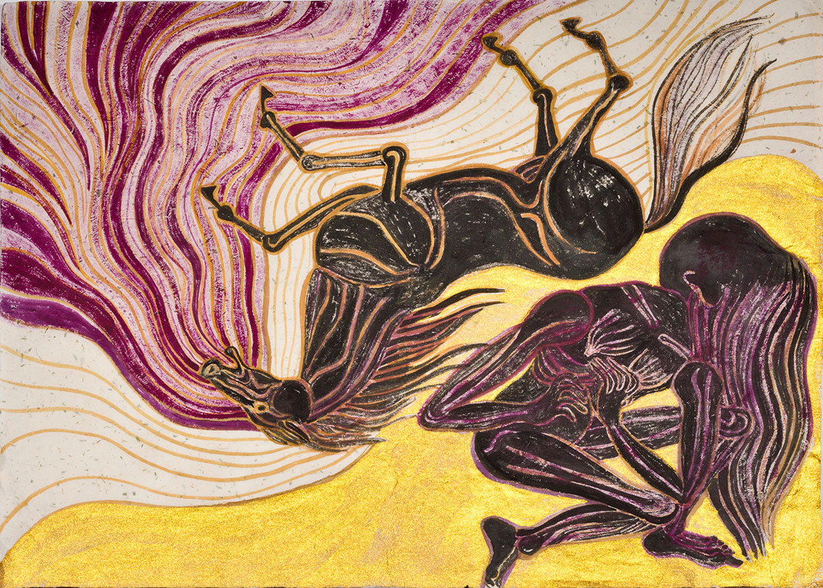 Emma Talbot, The Mares of Diomedes (detail from The Trials), 2022, watercolor and gouache on Khadi paper, Courtesy the artist, Photo Carlo Vannini