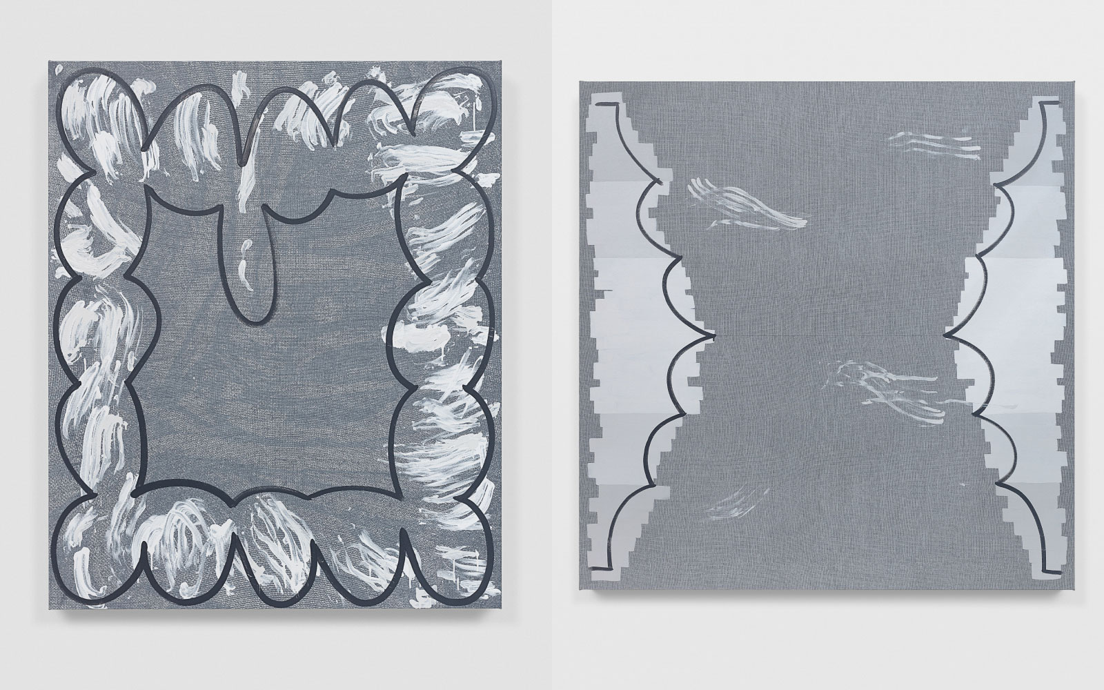 Left: Amy Feldman, Finger Force, 2022, Acrylic and silkscreen ink on canvas, 147.5 x 122 cm / 58 1/8 x 48 in, © Amy Feldman, Courtesy the artist and Galerie Eva Presenhuber Right: Amy Feldman, Slow Glow, 2022, Acrylic, silkscreen ink and impasto on canvas, 152.5 x 152.5 cm / 60 x 60 in, © Amy Feldman, Courtesy the artist and Galerie Eva Presenhuber