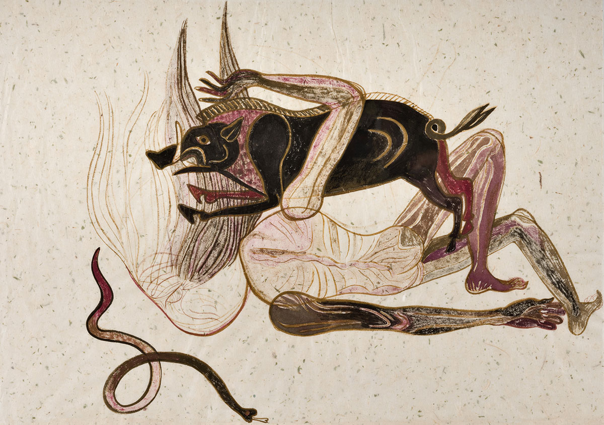 Emma Talbot, The Erythmanian Boar (detail from The Trials), 2022, watercolor and gouache on Khadi paper, Courtesy the artist, Photo Carlo Vannini